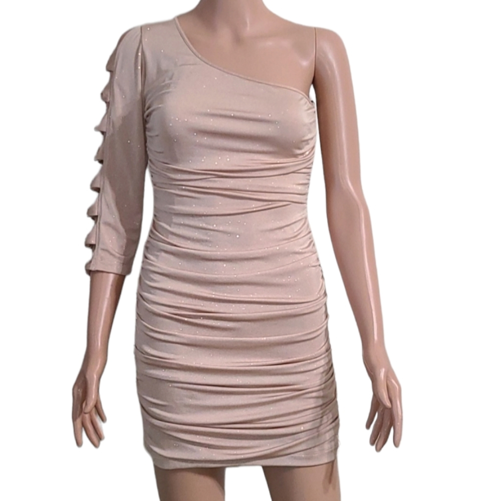 Jodi kristopher  Women's Dress Metallic Tan Color 1 Shoulder Cocktail/Party Sz M